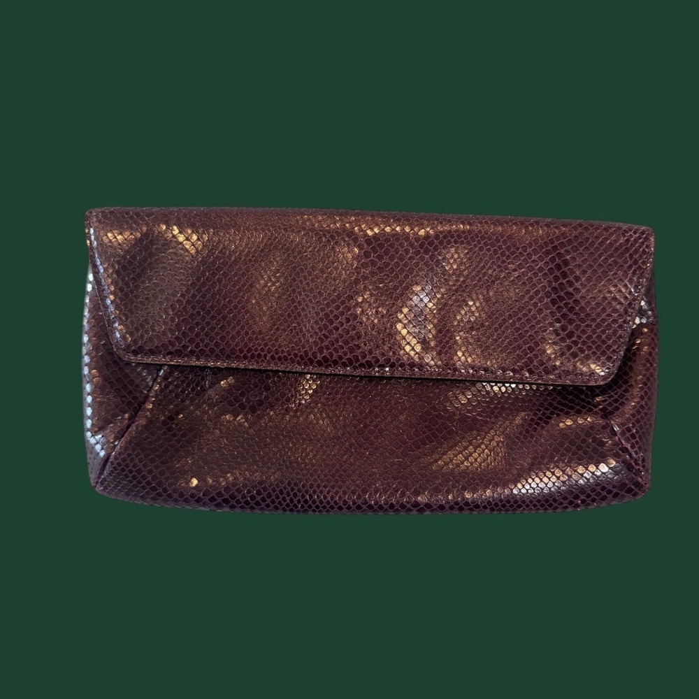 Ann Taylor Faux Snakeskin Embossed Clutch Bag OS Burgundy Plum Envelope Style